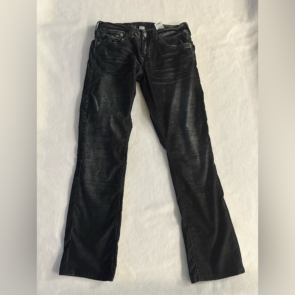 True Religion Jeans Mens 30 Ricky Relaxed Straight Flap Pockets Whiskered Black
